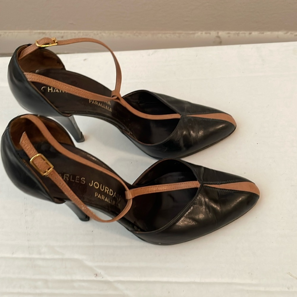Charles Jourdan Black and tan high heels with straps, 61/2 size. Vintage